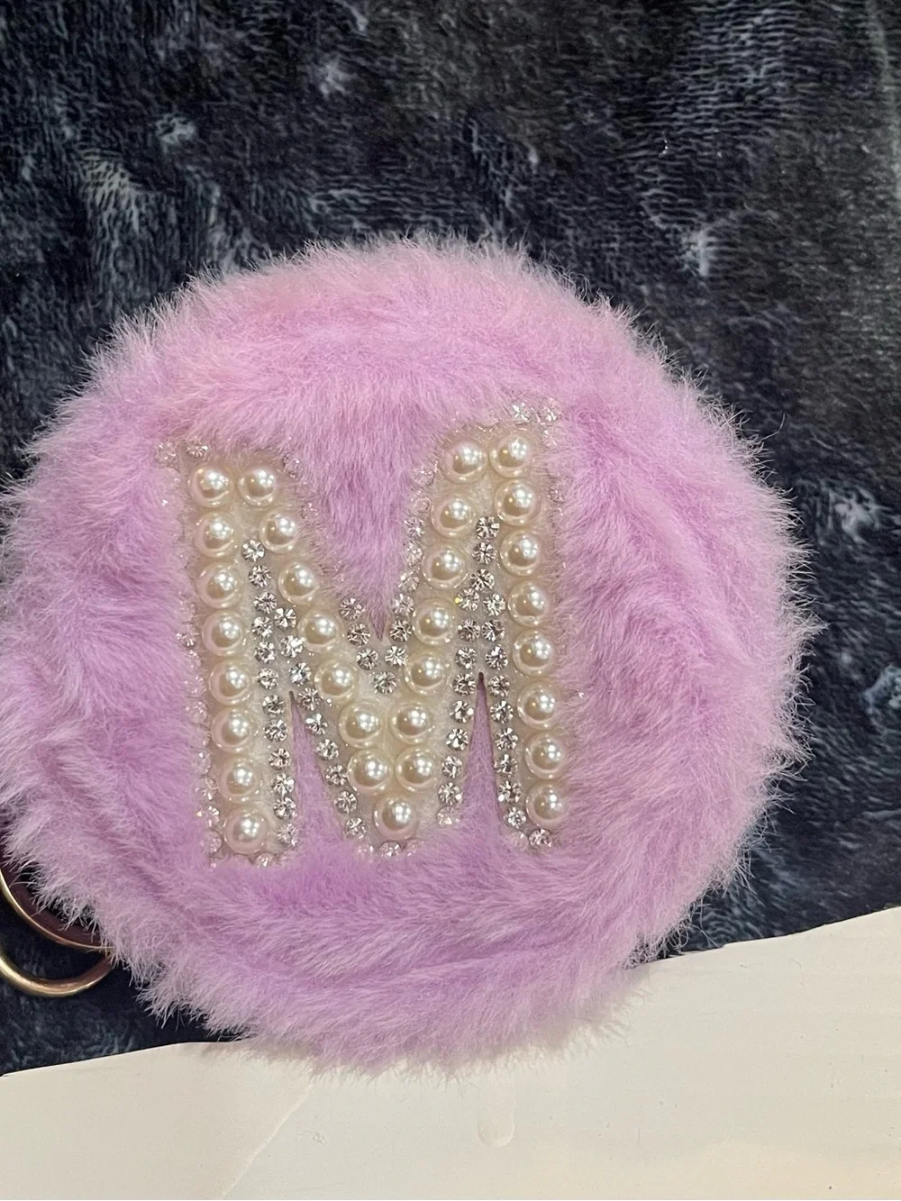 Lavender Faux Fur Pouch Keychain with Pearl & Rhinestone Accent